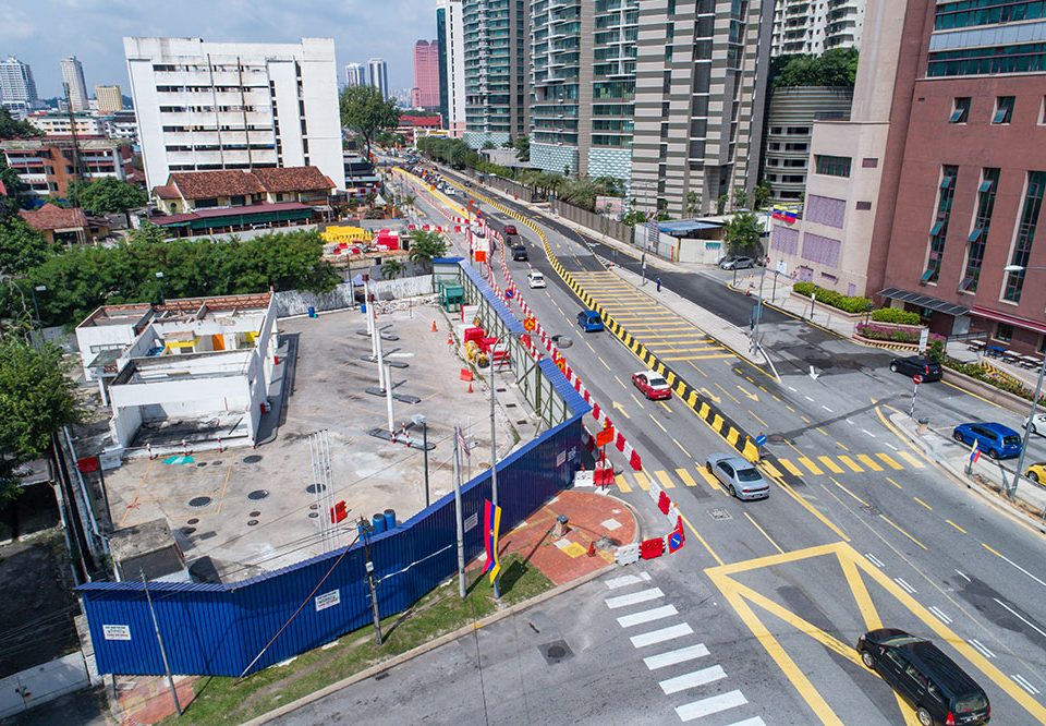 View of the future Kampung Baru North Station site with New Jersey Barriers arranged along Jalan Raja Muda Aziz for upcoming traffic diversion