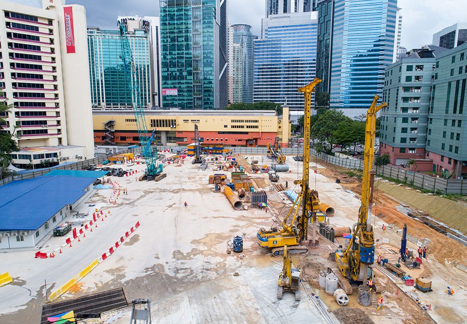 Aerial view of ongoing works at the future Ampang Park MRT Station site.