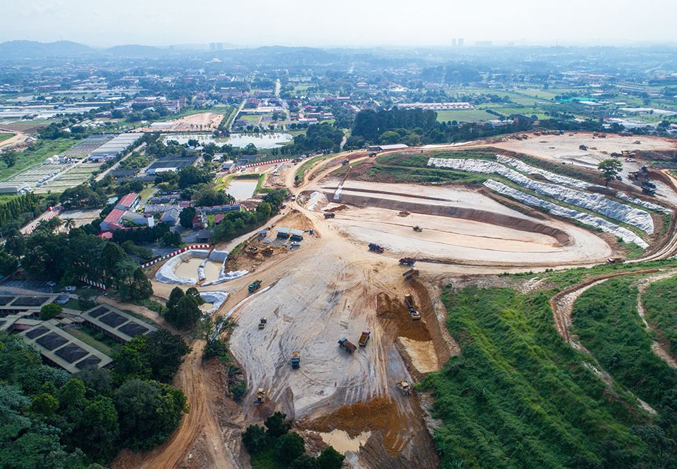Aerial view of cut and fill earthworks at the Serdang Depot site.