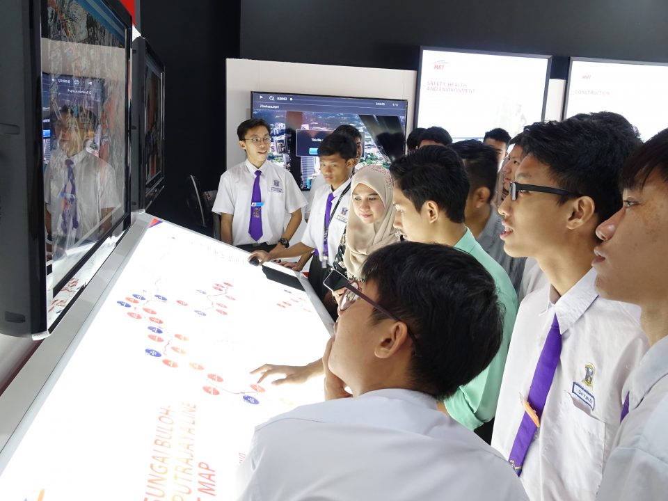 KAGUM: Para pelajar dari SMK St Gabriel mencuba ‘hawkeye’ yang memaparkan pandangan udara jajaran MRT Laluan Sungai Buloh-Serdang-Putrajaya.