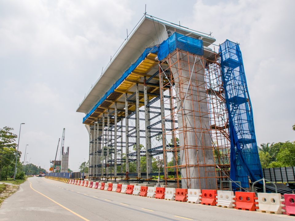 View of segmental box girder erection at the Cyberjaya North MRT Station site.