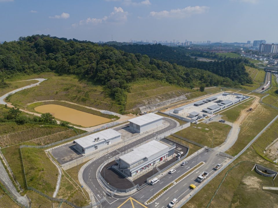 Aerial view of the Taman Universiti MRT Station showing the rectification works for defect items and turfing works at station area in progress.